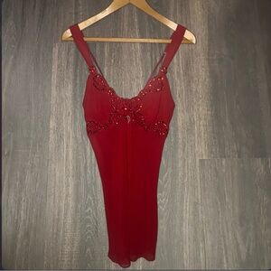 Vintage Lucie Ann Red Sheer Slip Dress Lace Beaded Size M